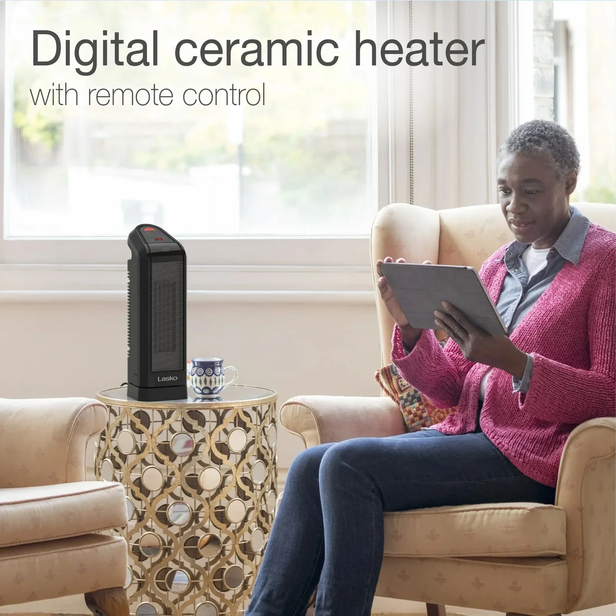 Everdaily Essentials Restored 15.75" 1500W Oscillating Digital Ceramic Tower Space Heater, Remote, Black, CT16670 (Refurbished) Ref. 7230