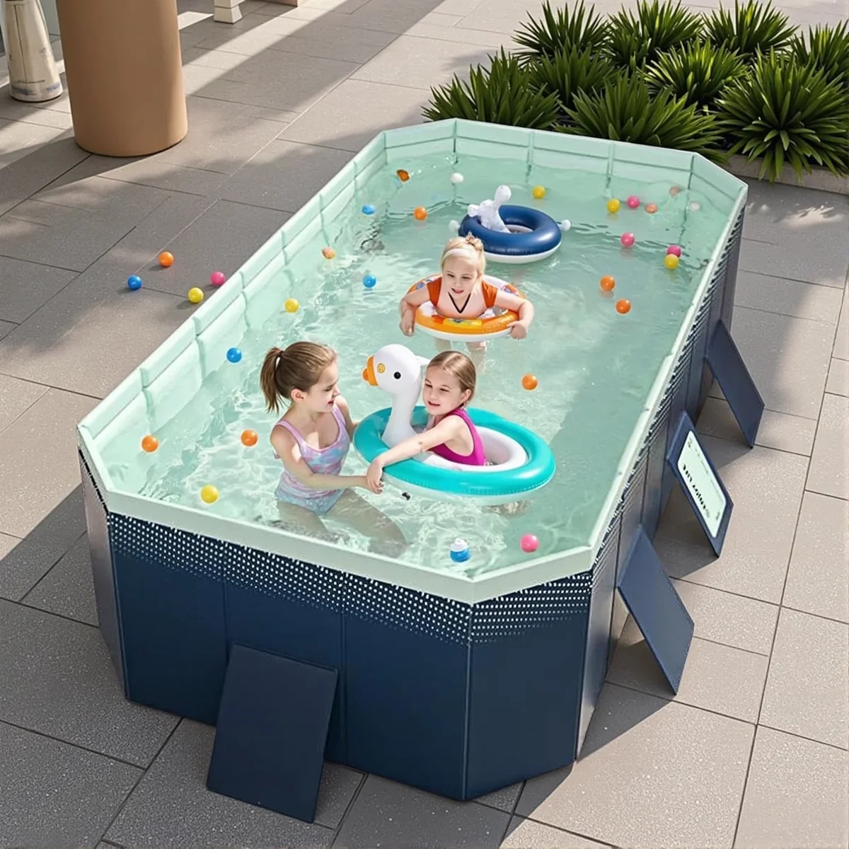 HDUTNGISN 113"×66"×20"Foldable Swimming Pool for Kids & Family,Non-Inflatable Pool with Metal Frame,Blue 8910
