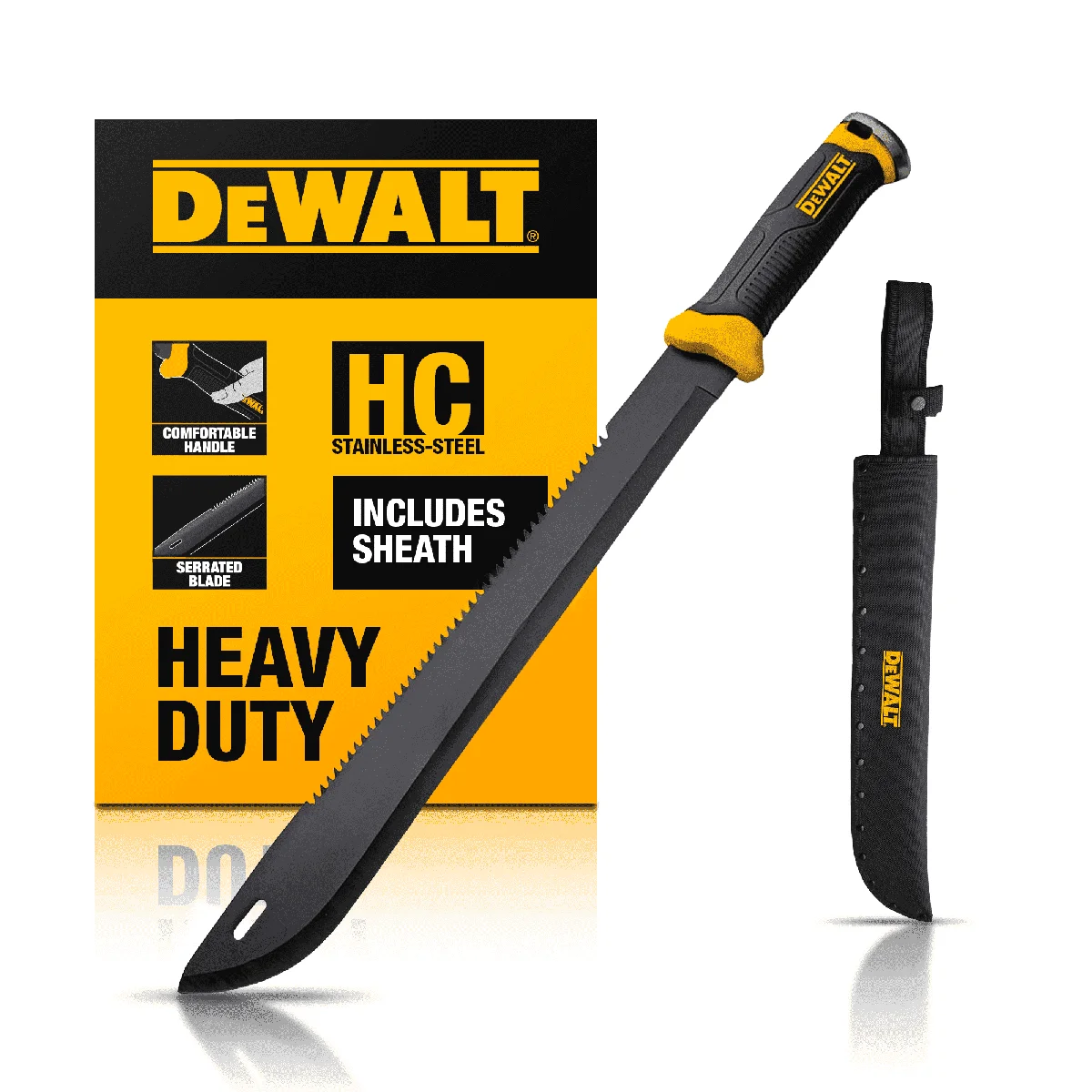DEWALT 24 Inch Full Tang Stainless Steel Blade with Saw Back Construction & Non-Slip Handle with Nylon Sheath for Brush Clearing, Yard Work, Camp 5961