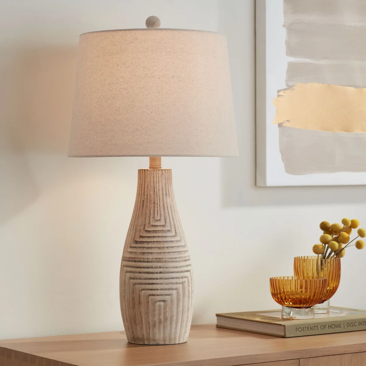 John Timberland Southwest Rustic Table Lamp 27" Tall Faux Light Wood Oatmeal Fabric Drum Shade for Living Room Bedroom Bedside Nightstand 3202