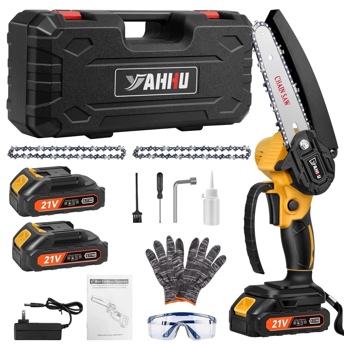 YAHHU 6 inch Mini Chainsaw with 21V Battery Powered, Cordless Handheld Electric Chainsaw Yellow, New 4073