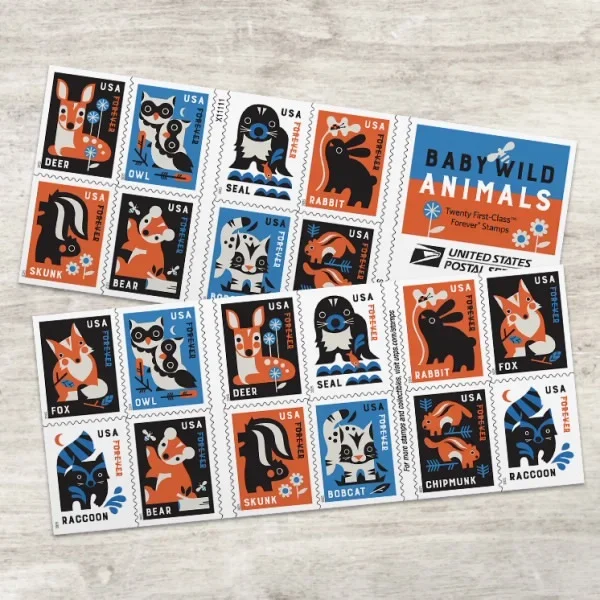 USPS Baby Wild Animals USPS Forever Postage Stamp 1 Book of 20 US First Class Flower Outdoor Holiday Wedding Celebration Announcement (20 Stamps) 7502