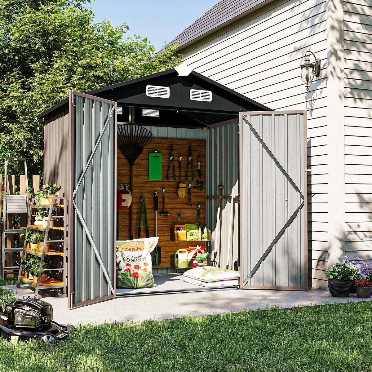 Sunmthink 6X4FT Outdoor Storage Shed with Plastic Floor, Metal Tool Shed with Lockable Door and Vents, Patio Shed for Garden, Backyard, Poolside, 7822