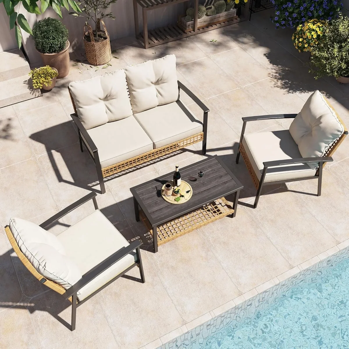 LAUSAINT HOME 4-Piece Outdoor Patio Conversation Set, All-Weather PE Rattan Furniture with Loveseat, 2 Chairs and Table for Backyard, Porch, Gard 9198