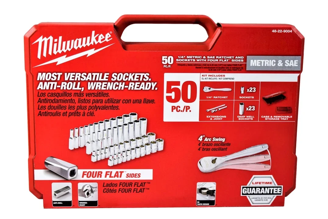 Milwaukee 50-Piece 1/4 in Drive Ratchet and Socket Set (48-22-9004) – 90-Tooth Slim Ratchet, SAE and Metric Sockets, Carrying Case 1375