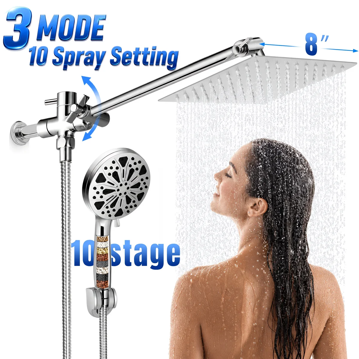 Doulami Shower Head, 8 inch Rain Showerhead, 10 Stage Shower Filtered , 10 Spray Setting, 3 Mode, 2 in 1 Combo 7938