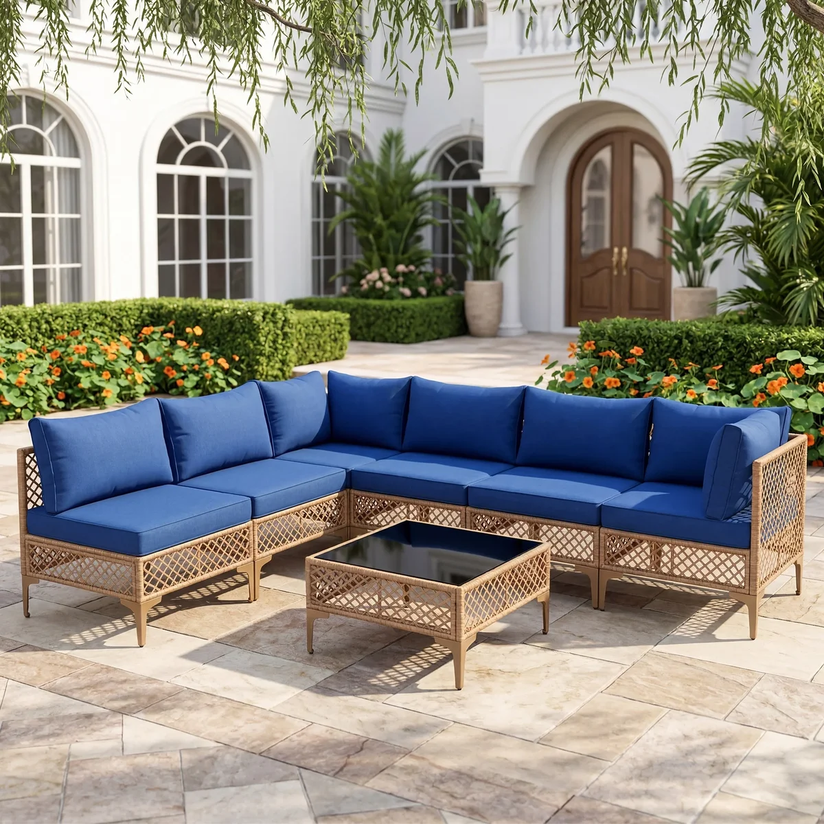 MaagorVita 7Pcs Outdoor Patio Furniture Set, Modular Outdoor Sectional, Modern Rattan Wicker Sofa Set with Coffee Table and Washable Thick Cushio 9778